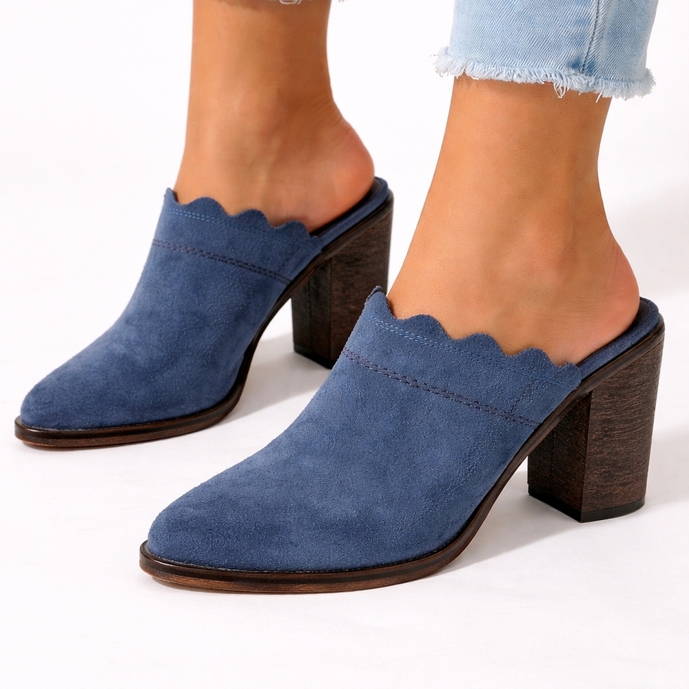 Anthropologie Klub Nico Blue Suede Heeled Clogs Scalloped Edge Sz 9 Western